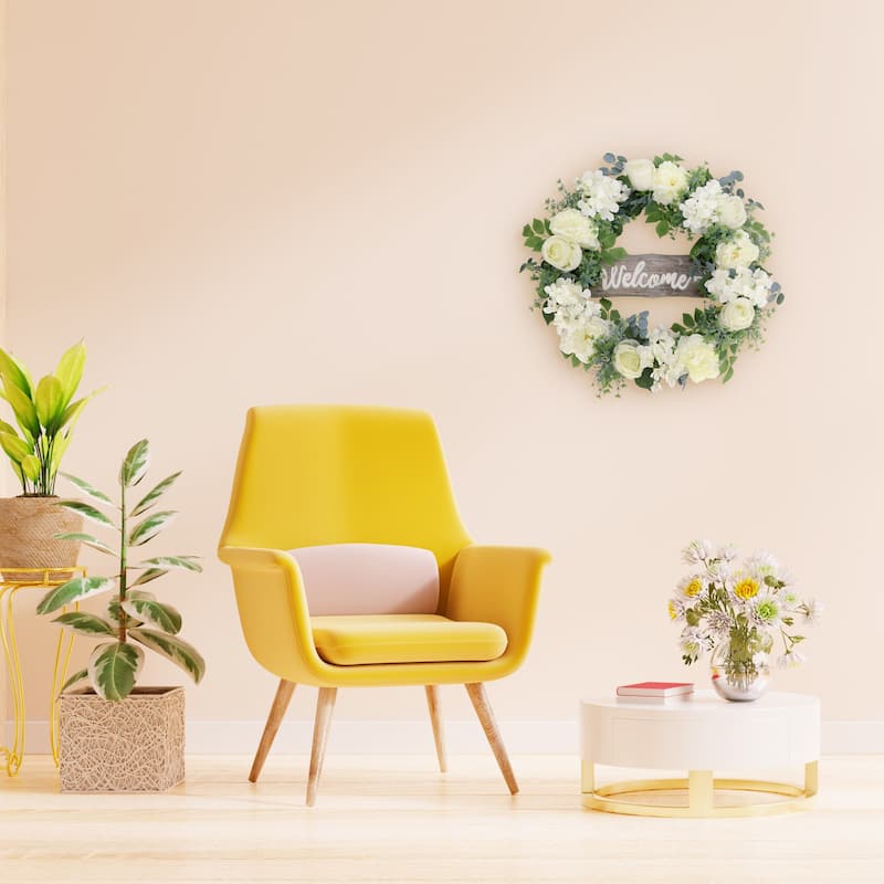 Mixed Floral Artificial Spring Wreath with Welcome Sign - 26" - White