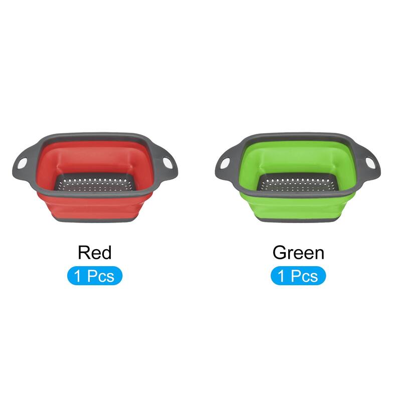 Collapsible Colander Set, 2 Size Silicone Square Strainer - red green - 24cm x 18.4cm x 7.5cm