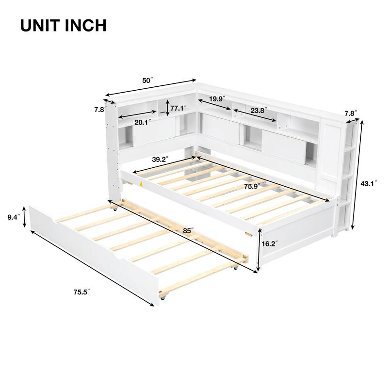 Twin Size Wood Daybed with Storage Shelves, Built-In USB Charging Station, and Trundle for Extra Sleeping Space
