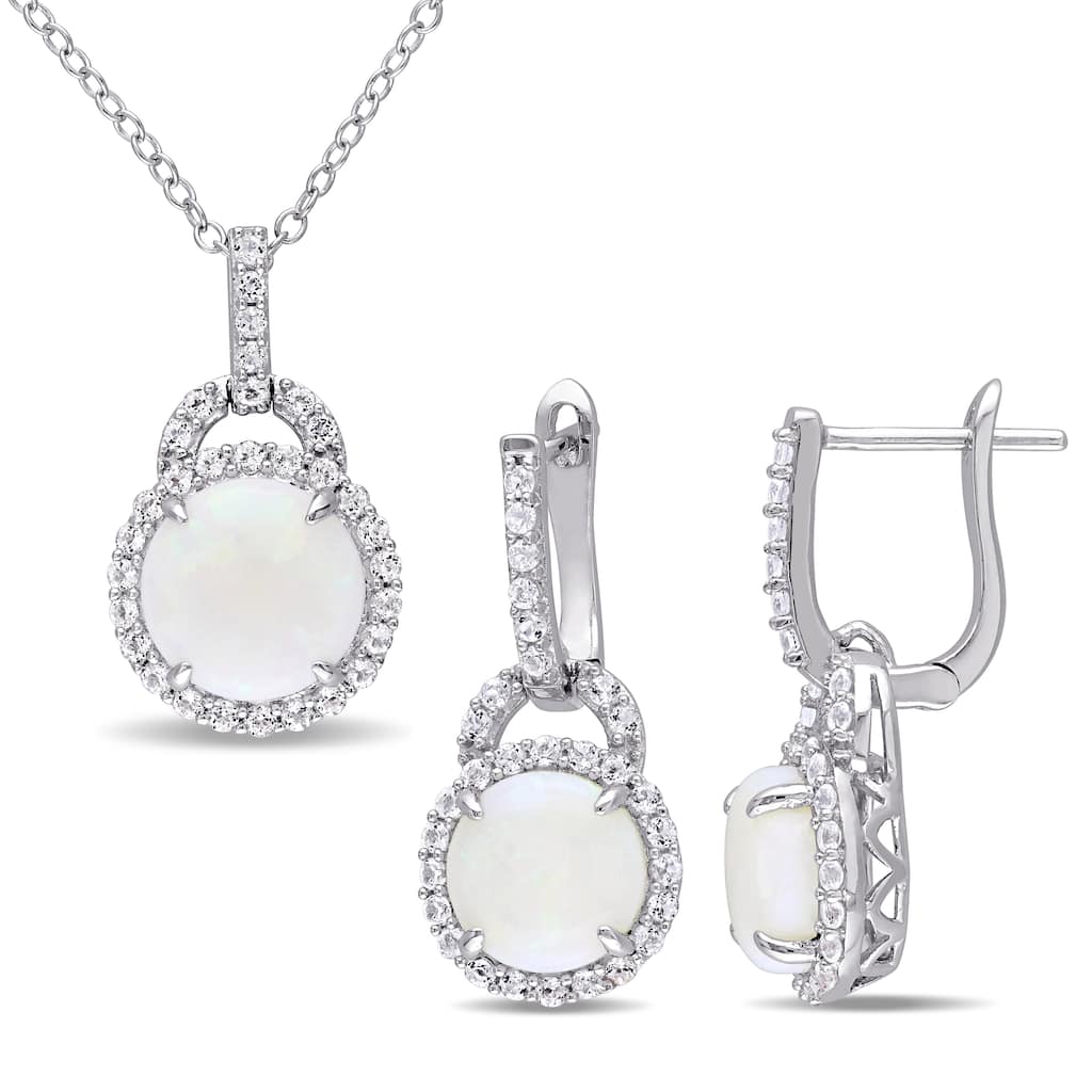 Miadora 5 1/4ct TGW Opal and White Topaz Two Piece Halo Necklace and Earrings Set in Sterling Silver