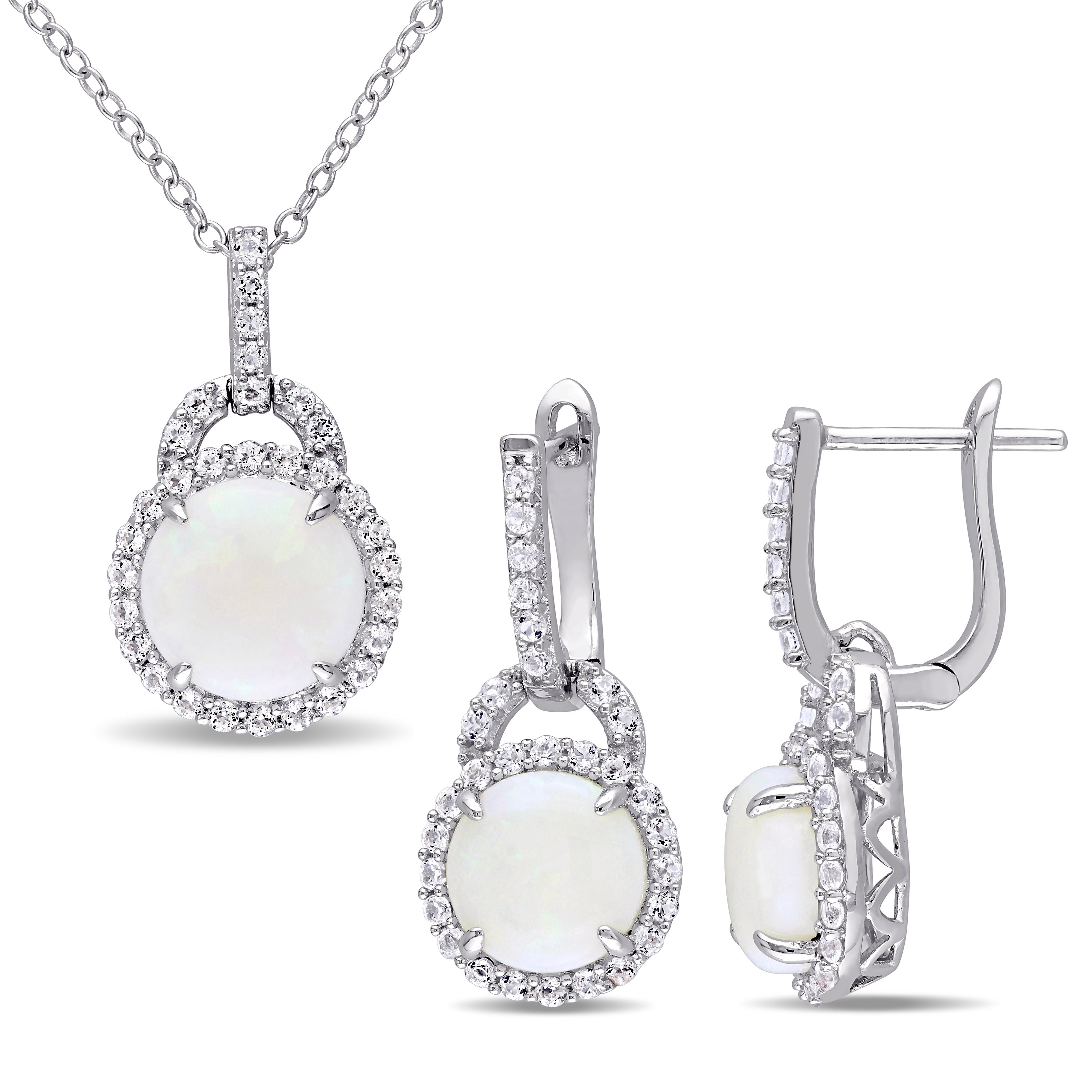 Miadora 5 1/4ct TGW Opal and White Topaz Two Piece Halo Necklace and Earrings Set in Sterling Silver