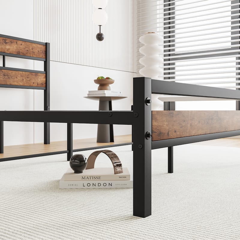 Metal Bed Platform Bed Frame w/Rustic Vintage Wood Headboard & Footboard, Metal Slats Support, No Box Spring Needed, Noise-Free