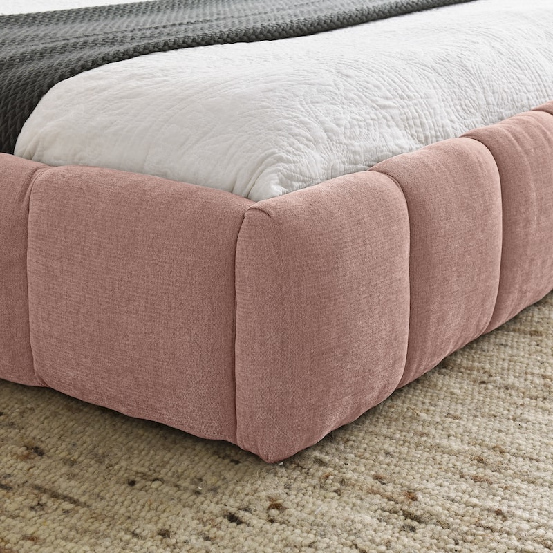Block Thick Chenille Low Profile Platform Bed Fabric Upholstered Bedframe with Headboard Solid Wood Frame - Optional Storage Bed