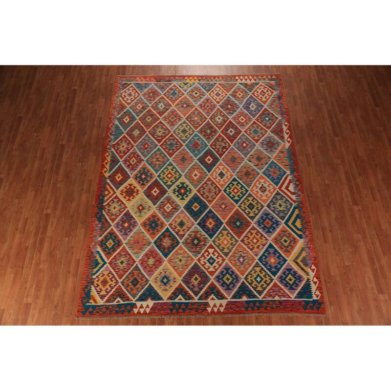 Geometric Kilim Oriental Area Rug Tribal Hand-Woven Wool Carpet - 8'0"x 11'2"