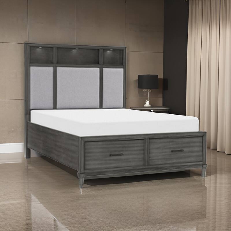 Celia Queen Platform Bed, 2 Drawers, Shelves on Headboard, Pebble Gray