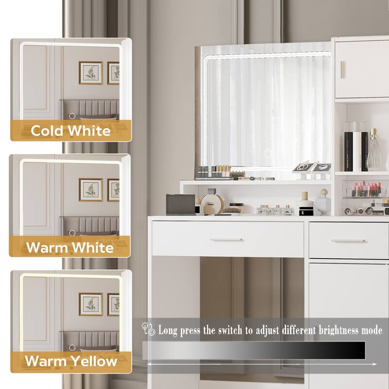 Dressing Vanity Desk with Drawer, Mirror & LED Light Strip, 3 Adjustable Brightness Modes