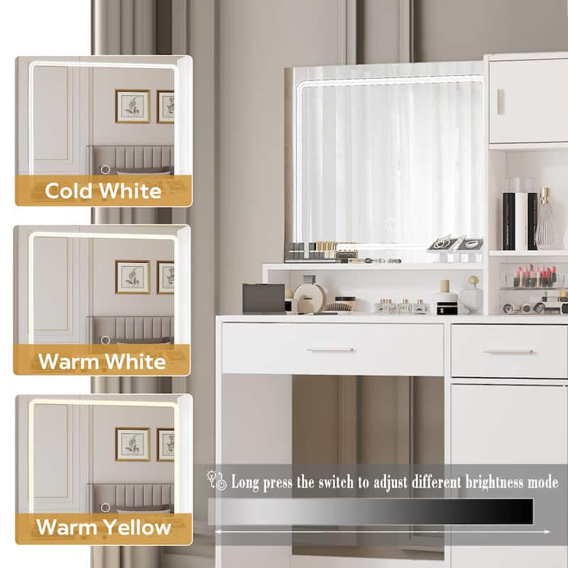 Modern Vanity Desk with Mirror, LED Light Strip and Storage