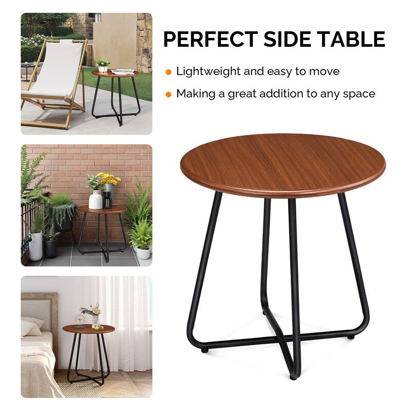 Round Outdoor Side Table Imitation Wood Top Steel Legs Patio Garden Balcony End Table - 19.7 x 19.7 x 20.9