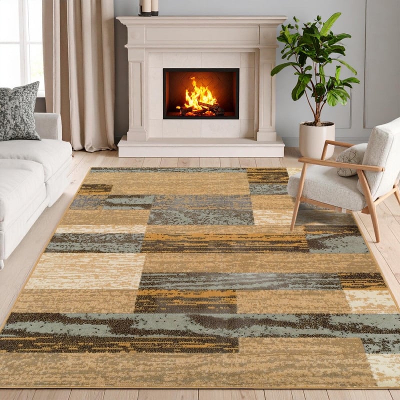 Superior Rockwood Patchwork Indoor Area Rug or Runner - 5' x 8' - Light Blue/Beige