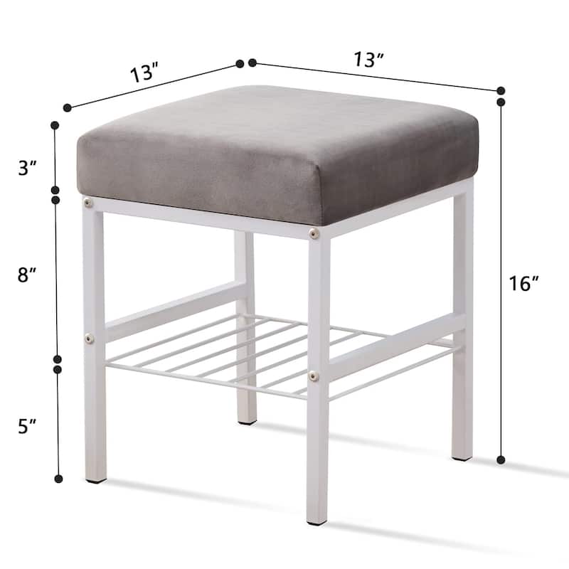 Grey Velvet Square Ottoman Footstool with White Metal Legs for Entryway Bedroom or Dressing Room
