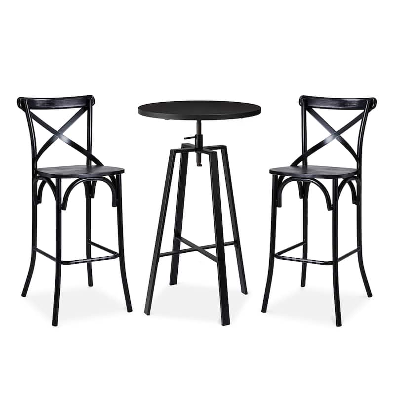 Glitzhome Industrial Modern Adjustable Bar Table Rustic Steel 3-Piece Pub Sets - Black