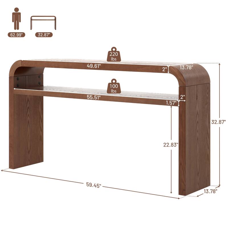 59.4" 2-Tier Curved Long Console Table with Solid Oak Wood Veneer - 59.45"L x 13.78"W x 32.87"H
