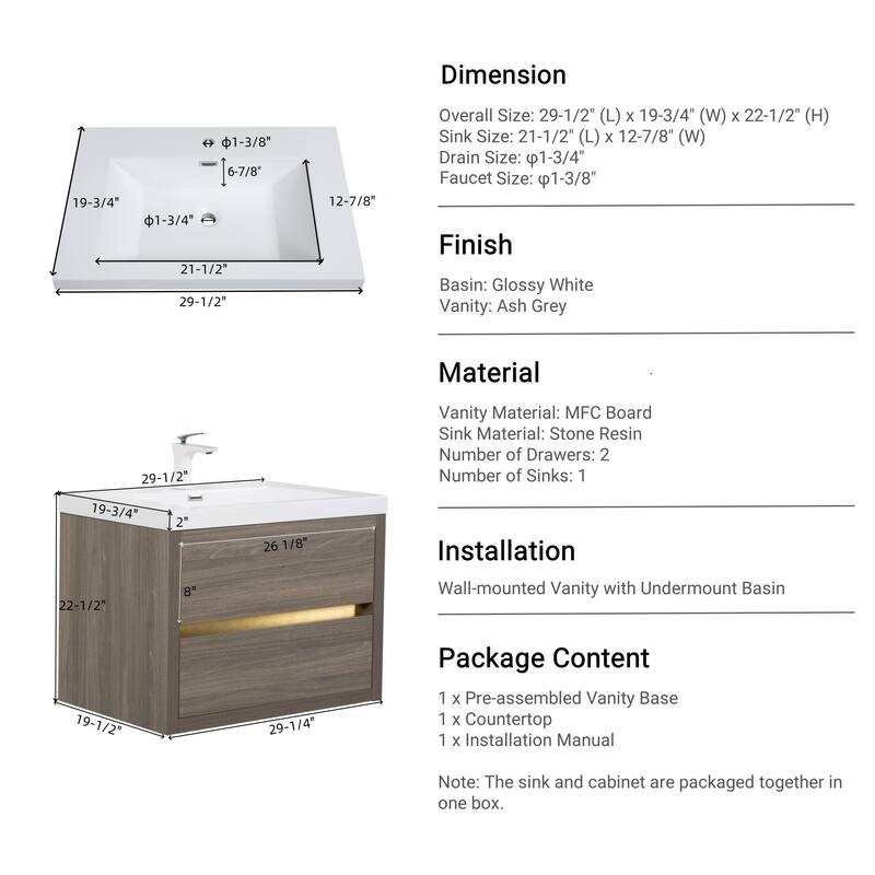 36" Floating Bathroom Vanity with Stone Resin Countertop, Soft Close Drawers, and U-Shaped Drain Design