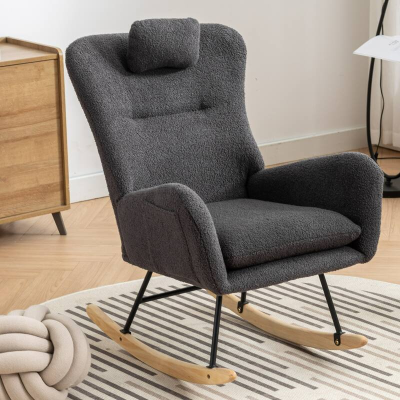 Teddy Fabric Wingback Rocking Chair for Nursery with Safe Solid Wood Base