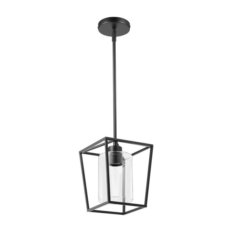 Vintage Black Cage Pendant Light with Clear Glass Shade Adjustable Farmhouse Hanging Fixture - 7.48 x 7.48 x 9.84 in - Black