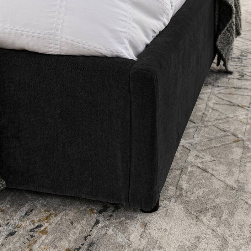Hydraulic Storage Bed Frame Chenille Upholstered Platform Bed Queen Size Low Profile Bed with Integrated Headboard