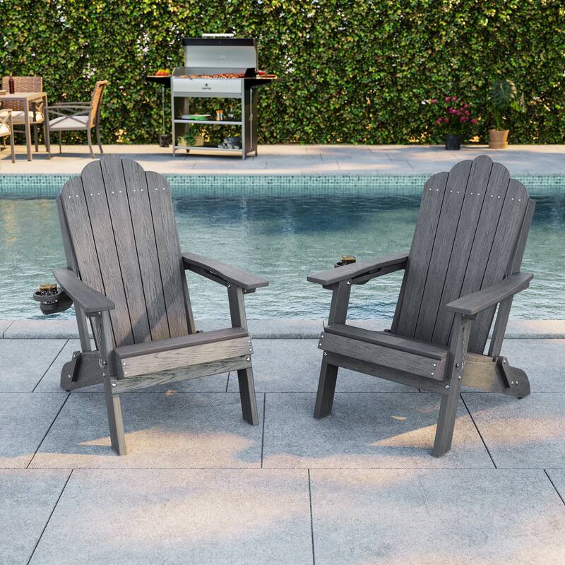 Foldable HDPE Adirondack Chair All-Weather W/ Cup Holder - Gray - 2-Piece