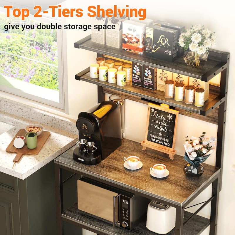 Bakers Rack Kitchen Storage Shelf with Power Outlets and RGB LED Lights,5 Tiers Coffee Bar Station,Microwave Stand