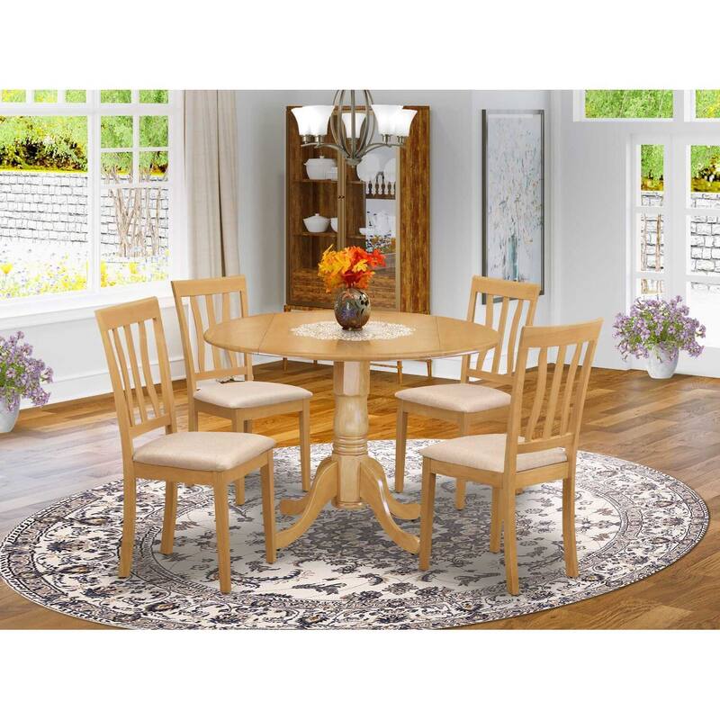 HomeStock 5-Piece Round Natural Oak Finish Solid Wood Top Dining table with 4 Chairs with Lattice Back