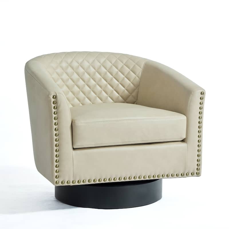 Tufted PU Vegan Leather Swivel Barrel Chair with Nailheads Trim