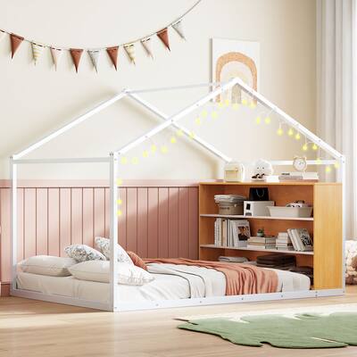 White Full Size Metal Wood House Bed with Shelves & Lights