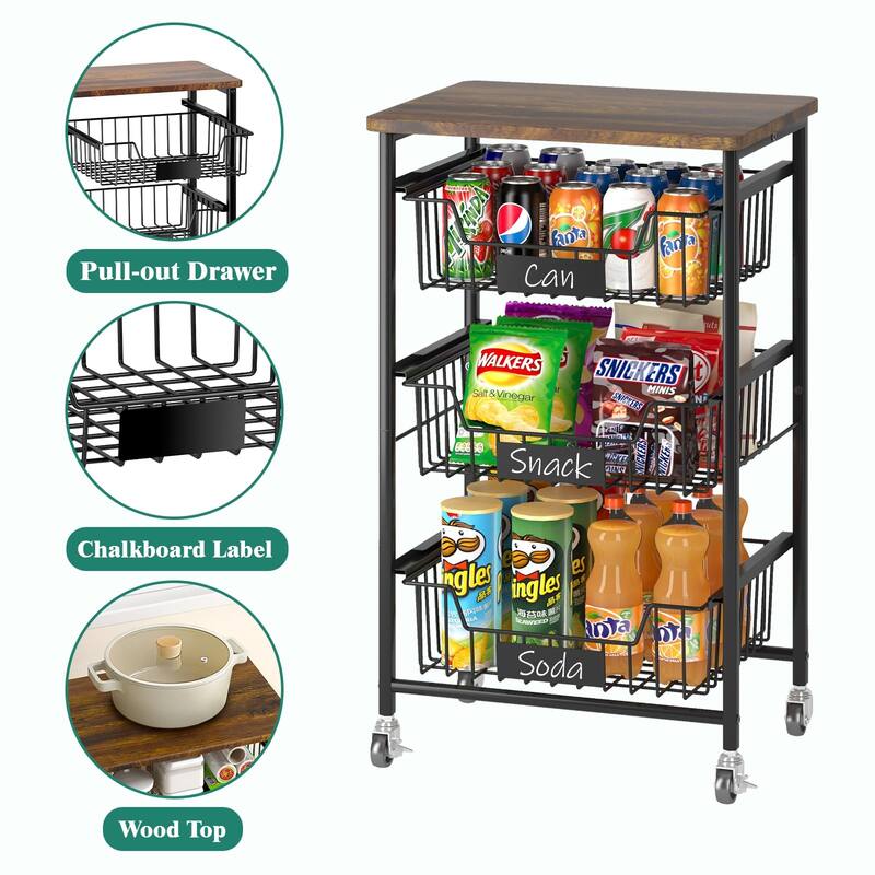 Kitchen Storage Cart with Wheels,4-Tier Metal Utility Rolling Cart Fruit Vegetable Storage Basket Pantry Rack