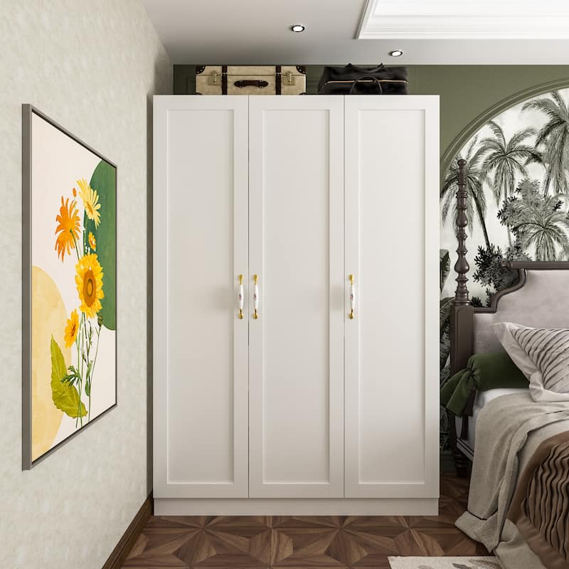 47.2"W Armoire with Three Doors ,Two Clothes Rod ,Golden Floral Handle - White