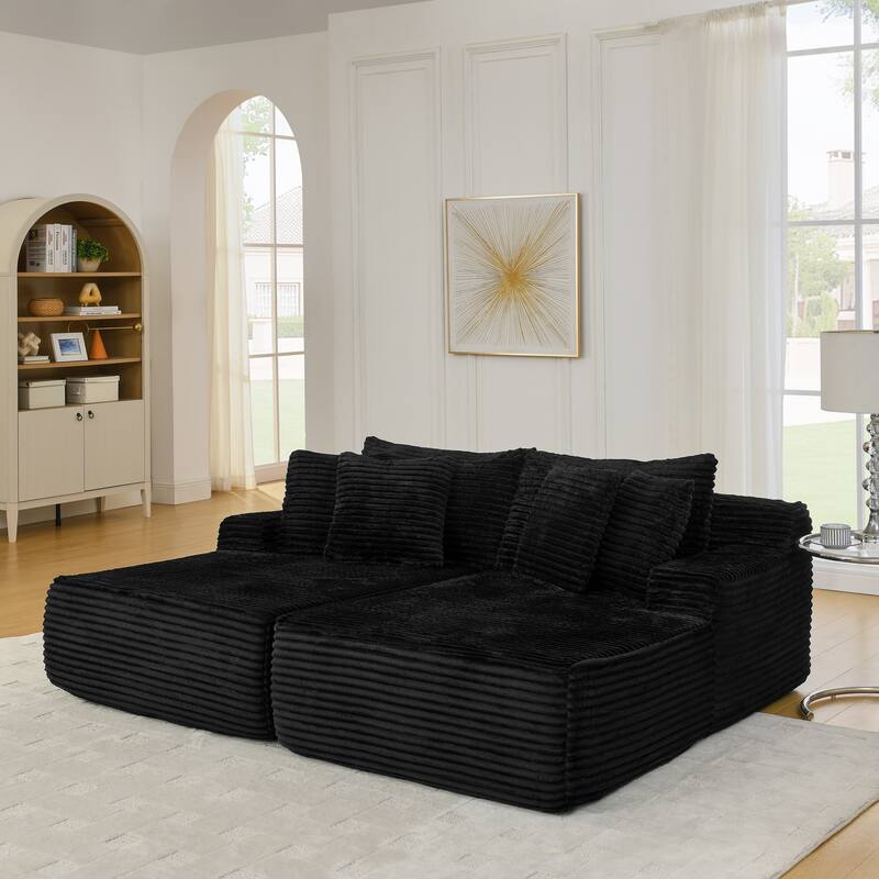 Two-seater lazy sofa lounge chair,Compressed sofa no assembly required, made of velvet fabric, fluffy modern lounge chair - Black