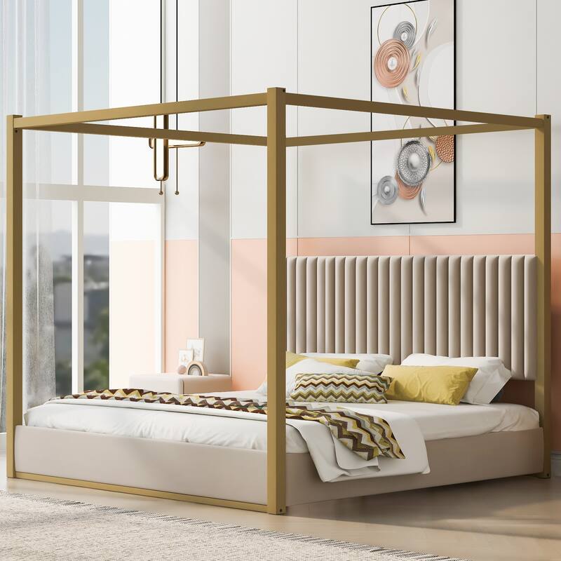 Upholstery Metal Frame Canopy Platform Bed with Headboard