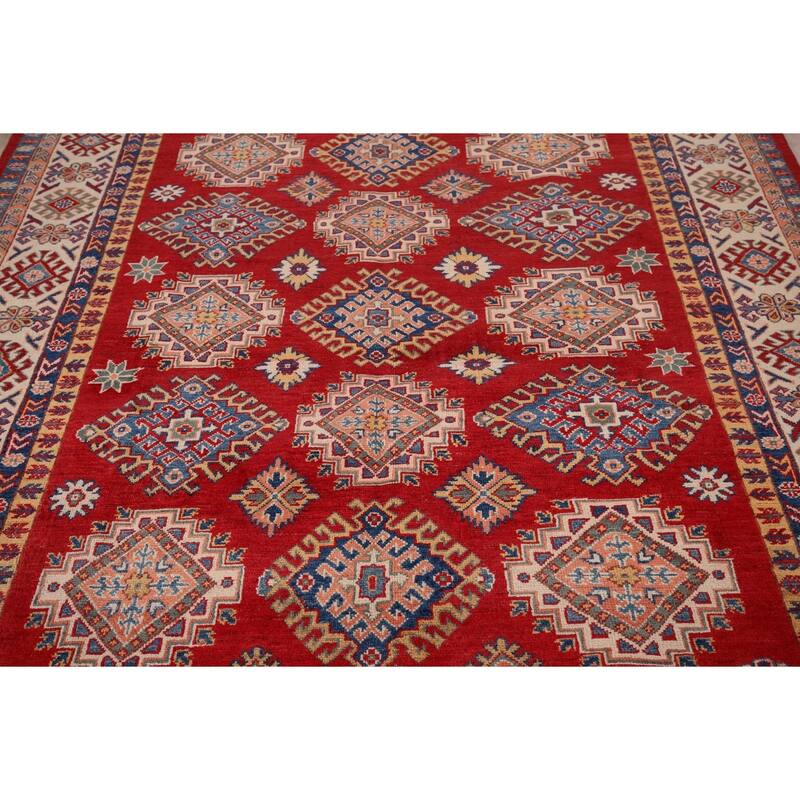 Hand Knotted Oriental 100% Wool Carpet Traditional Geometric Red Kazak Area Rug - 9' 6'' X 6' 7''