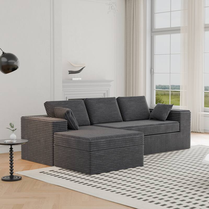 Modland 108”L-Shaped Modular Corduroy Couch with Deep Seats Comfy Sectional Sofa for Living Room