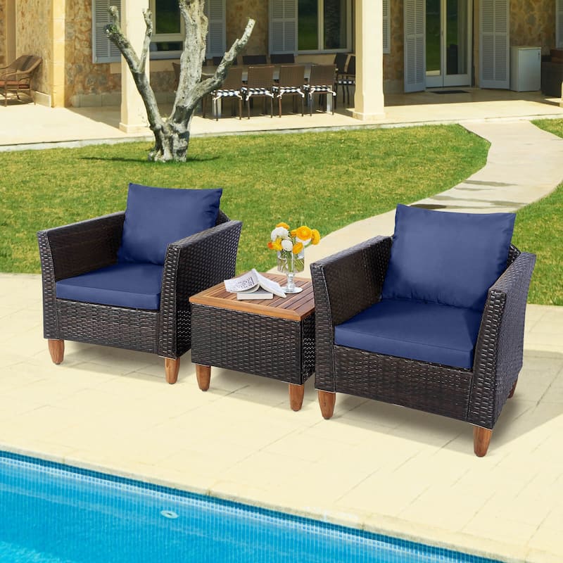 Costway 3PCS Patio Wicker Rattan Sofa Set Furniture Acacia Wood - Navy