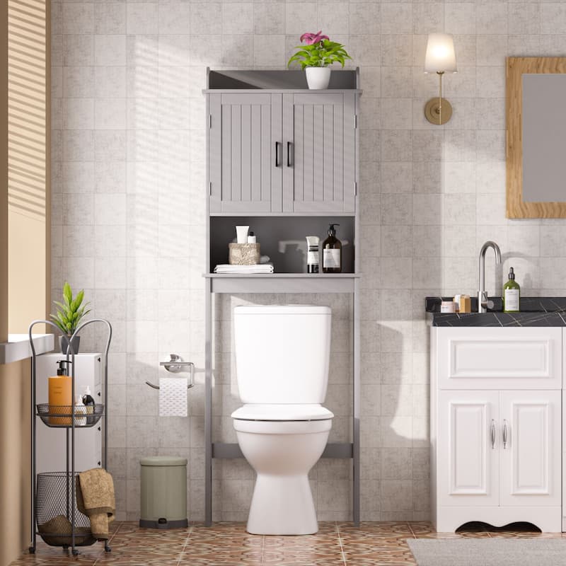 VEIKOUS Bathroom Over The Toilet Storage Cabinet Organizer With Doors and Shelves - Grey