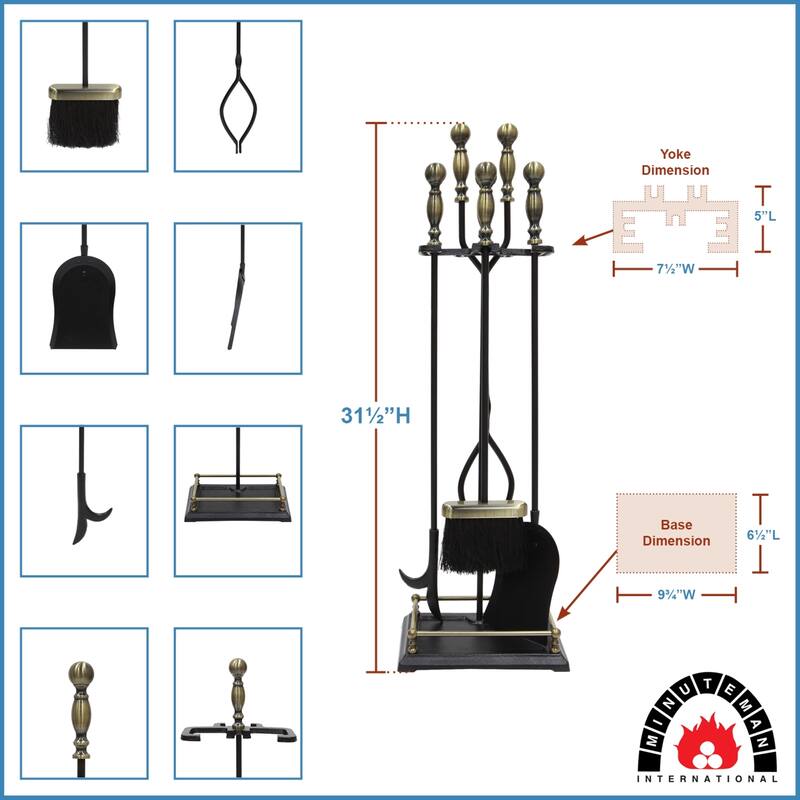 Achla Designs Oxford Set of 4 Fireplace Tools, 30.5 Inch Tall, Black and Polished Brass
