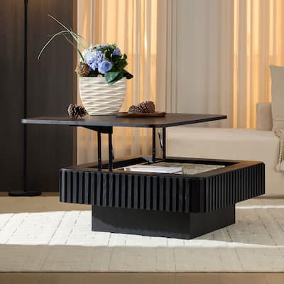 35.43" Square Drum Coffee Table – Handcrafted Wood Lift-Top Design with Hidden Storage for Modern Living Rooms