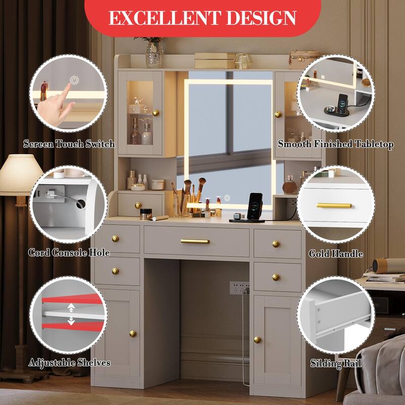 41" Vanity Desk with Mirror and Lights, Makeup Vanity with 6 Drawers, Storage Shelves