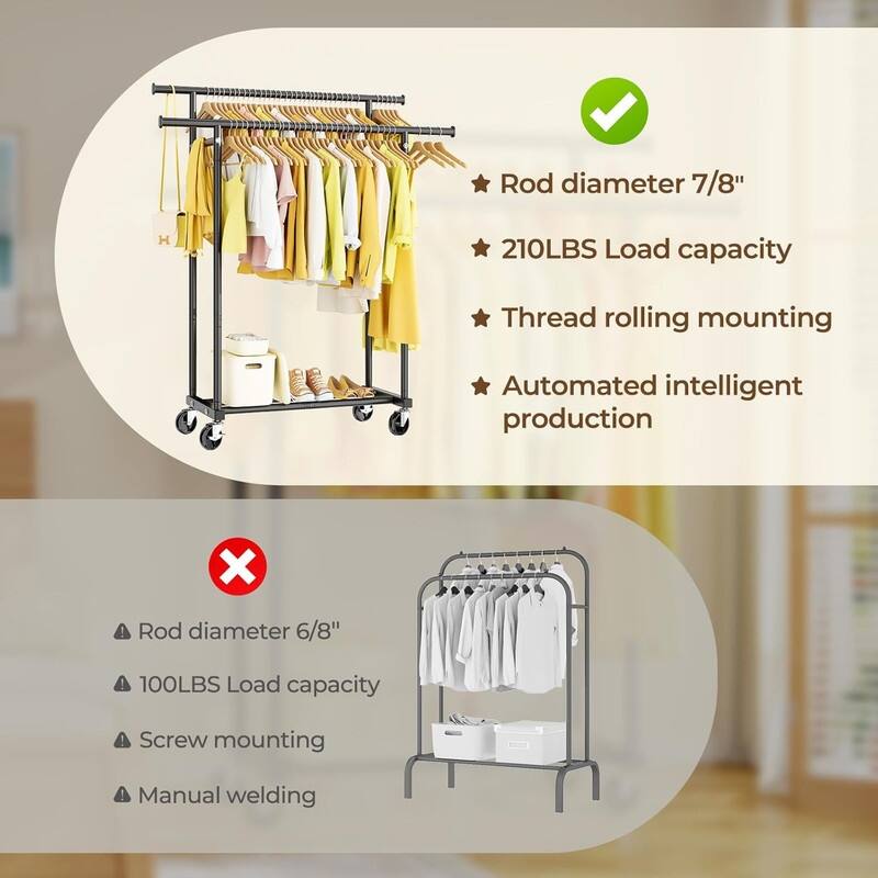 Double Rods Clothes Rack, Rolling Clothing Rack for Hanging