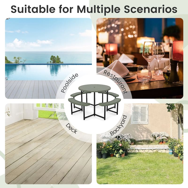 HDPE Round Picnic Table Set with 4 Benches and Umbrella Hole Perfect for Patio or Balcony