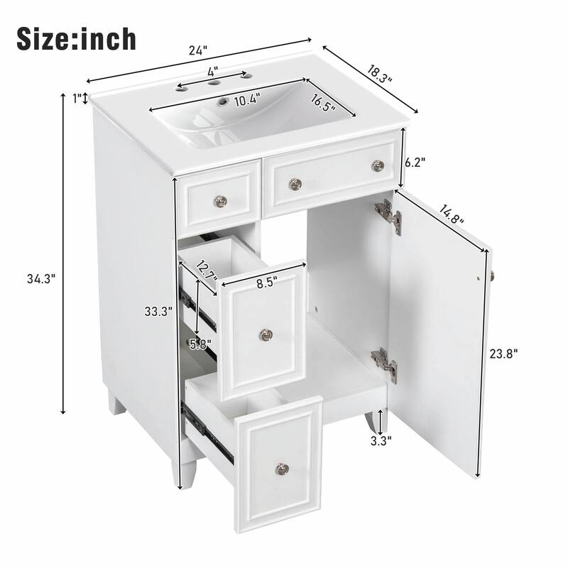 24-Inch Bathroom Vanity Cabinet with Ceramic Sink - 2 Drawers and 1 Door