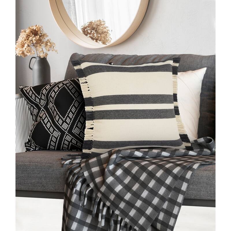 20" Gray and White Double Striped Square Throw Pillow