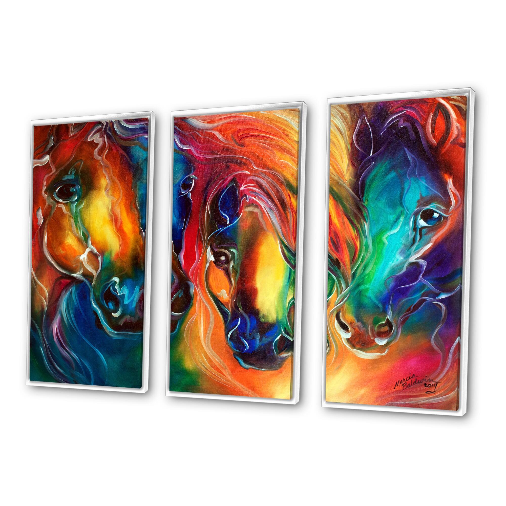 Designart "Color My World With Horses" CottageAnimal Framed Art Set of 3 4 Colors of Frames