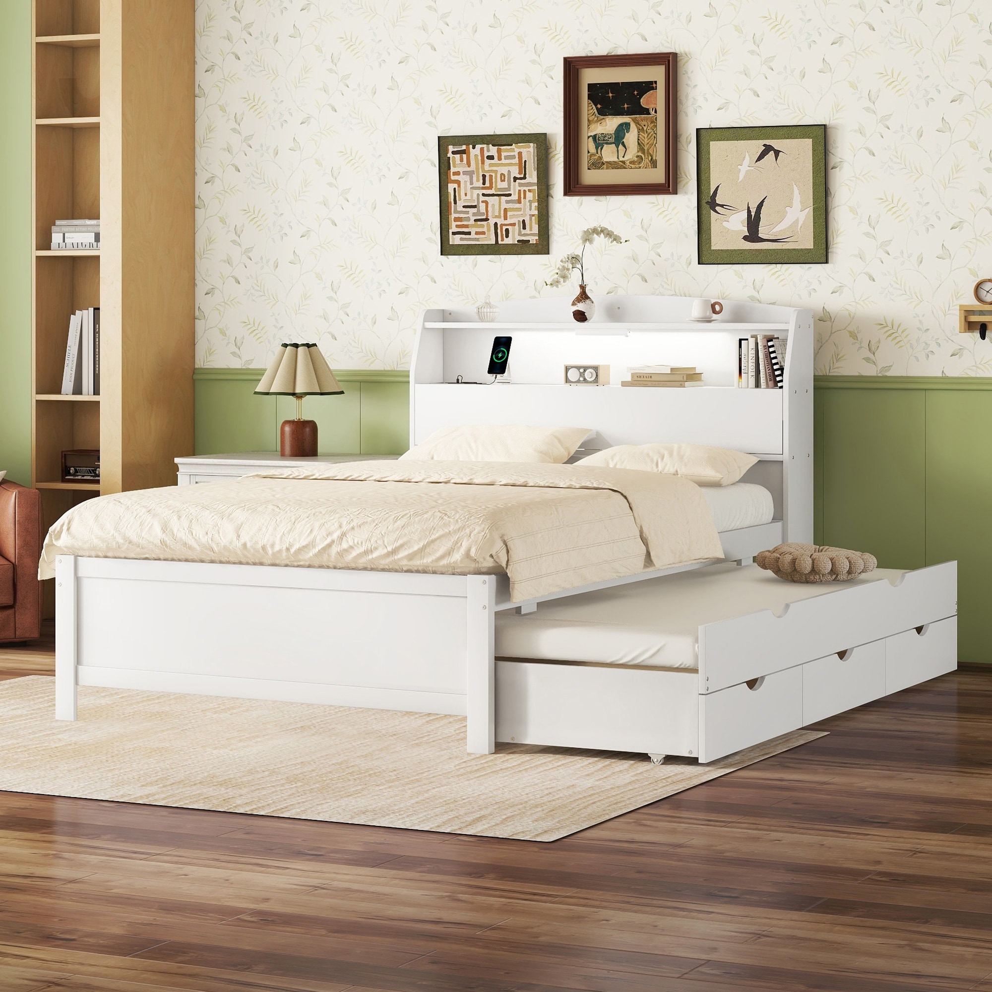 Full Size Wooden LED Platform Bed with Trundle & Storage Headboard with Drawers, White