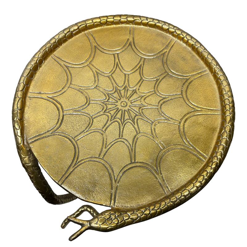 22 Inch Side End Table, Handcrafted Textured Snake Skin Pattern Base, Brass Aluminum