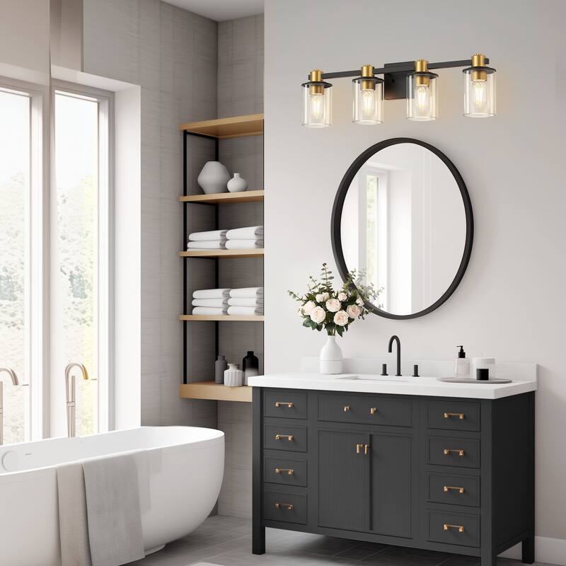 YANSUN 26 in. 4-Light Black and Gold Vanity Light with Round Clear Glass Shades for a Sophisticated Look