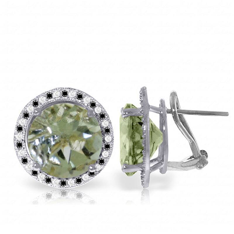 14K Solid Gold Stud Earrings Black / White Diamond & Green Amethyst - White