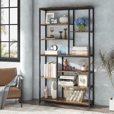 Staggered Bookcase, Modern Open Book Shelves , Wide Wood Etagere Shelving Unit Display Storage Shelf for Living Room