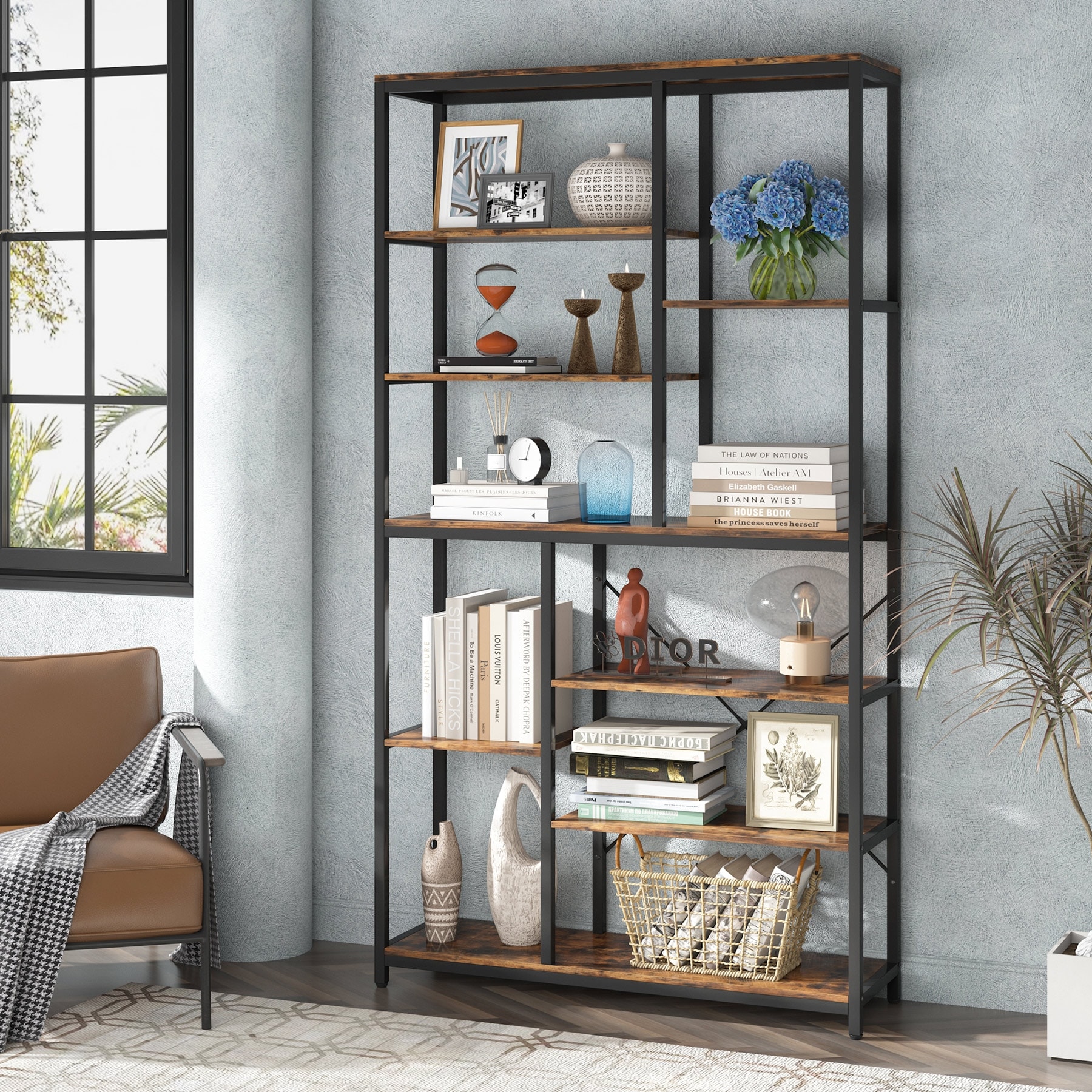 Staggered Bookcase, Modern Open Book Shelves , Wide Wood Etagere Shelving Unit Display Storage Shelf for Living Room