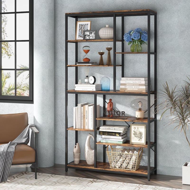Staggered Bookcase, Modern Open Book Shelves , Wide Wood Etagere Shelving Unit Display Storage Shelf for Living Room - brwon