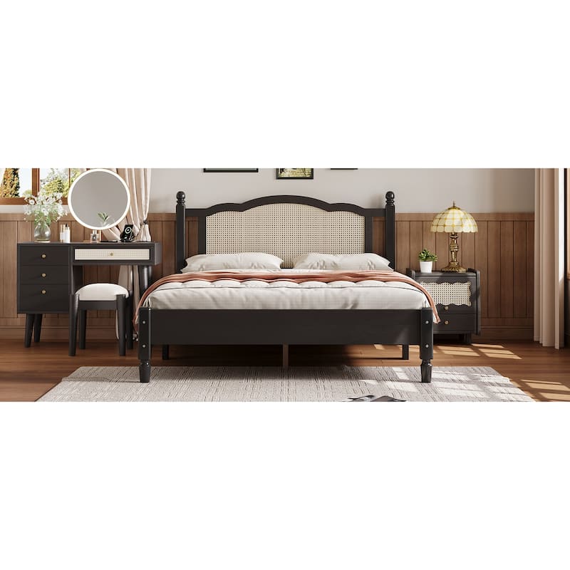 Queen Size Wooden Platform Bed with Natural Rattan Headboard, Vintage Bed Frame, Black