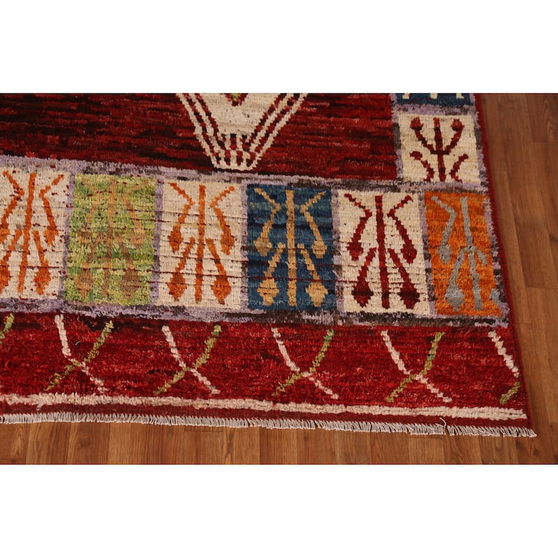 Red Geometric Moroccan Area Rug Hand-Knotted Wool Carpet - 6'10" x 9'9"